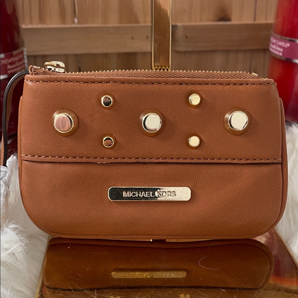 Michael Kors Brown Leather Studded Wristlet with Gold Accents